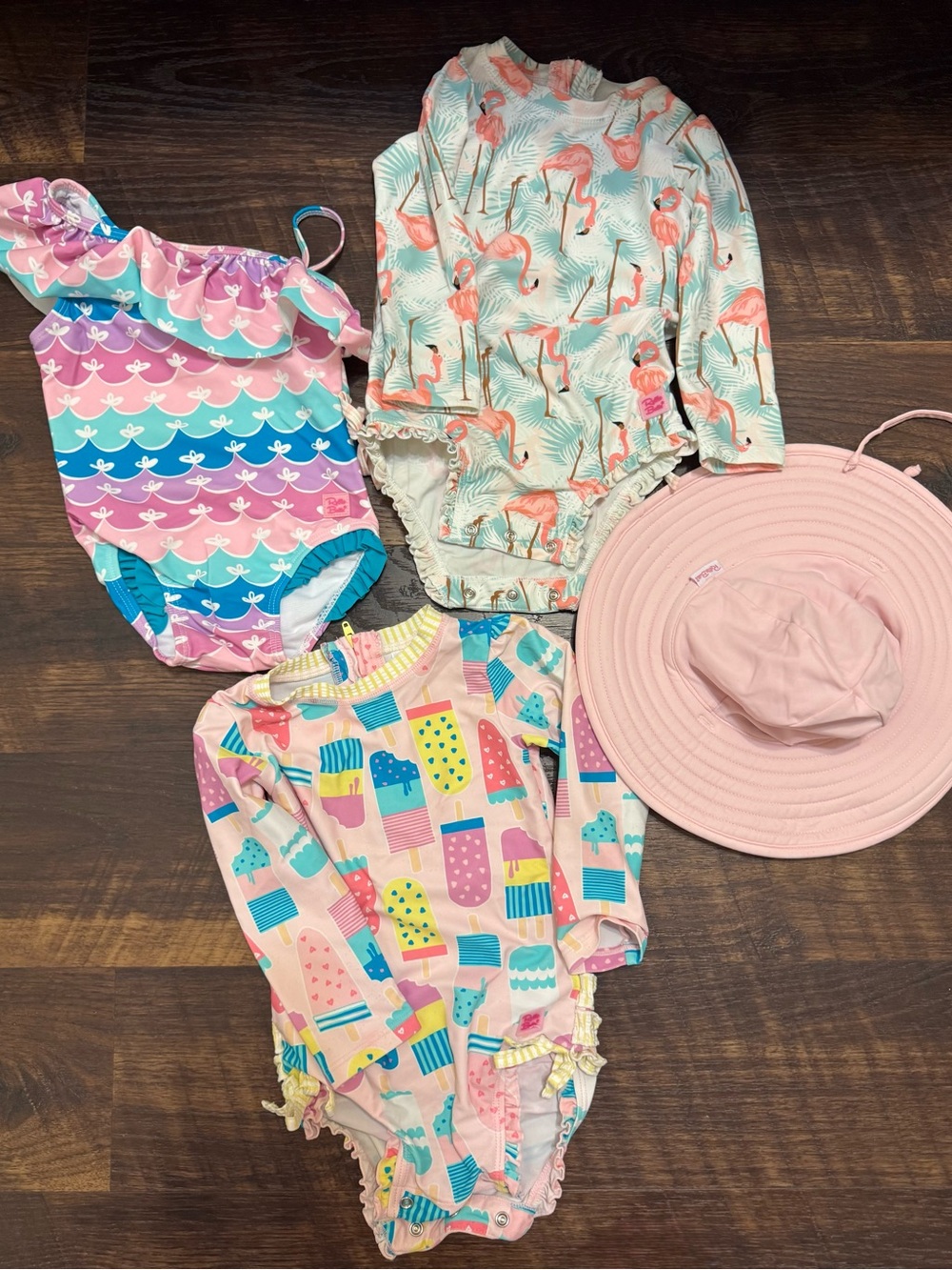 Ruffle Butts Pink Flamingo, Popsicle & Wave Girls One-Piece Swim Set